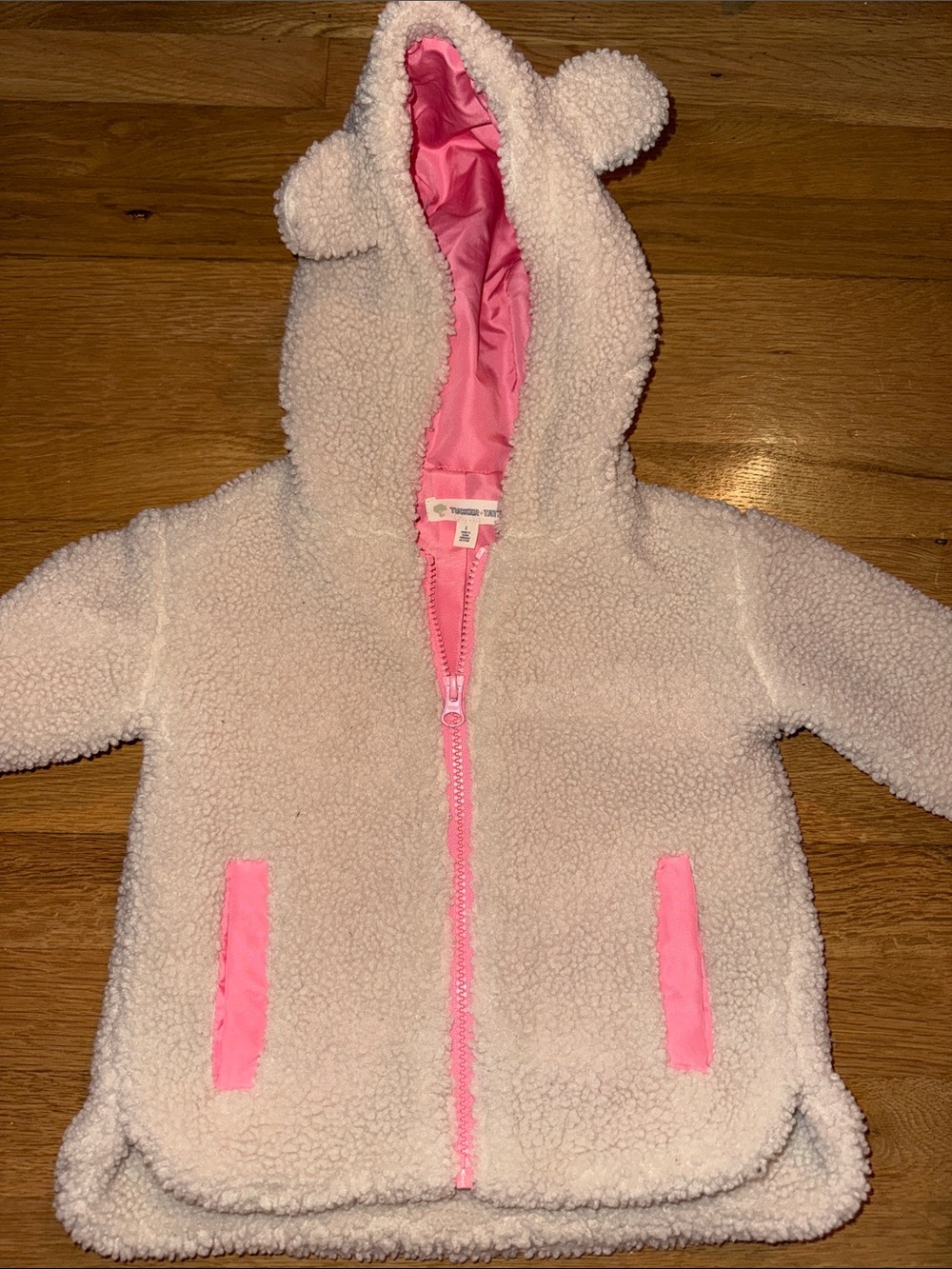 Like New Tucker + Tate girls warm Sherpa Hooded Jacket Cream Pink Trim bear ears